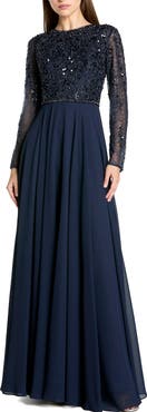 Mac Duggal Embellished Lace Long Sleeve Gown With Chiffon Skirt