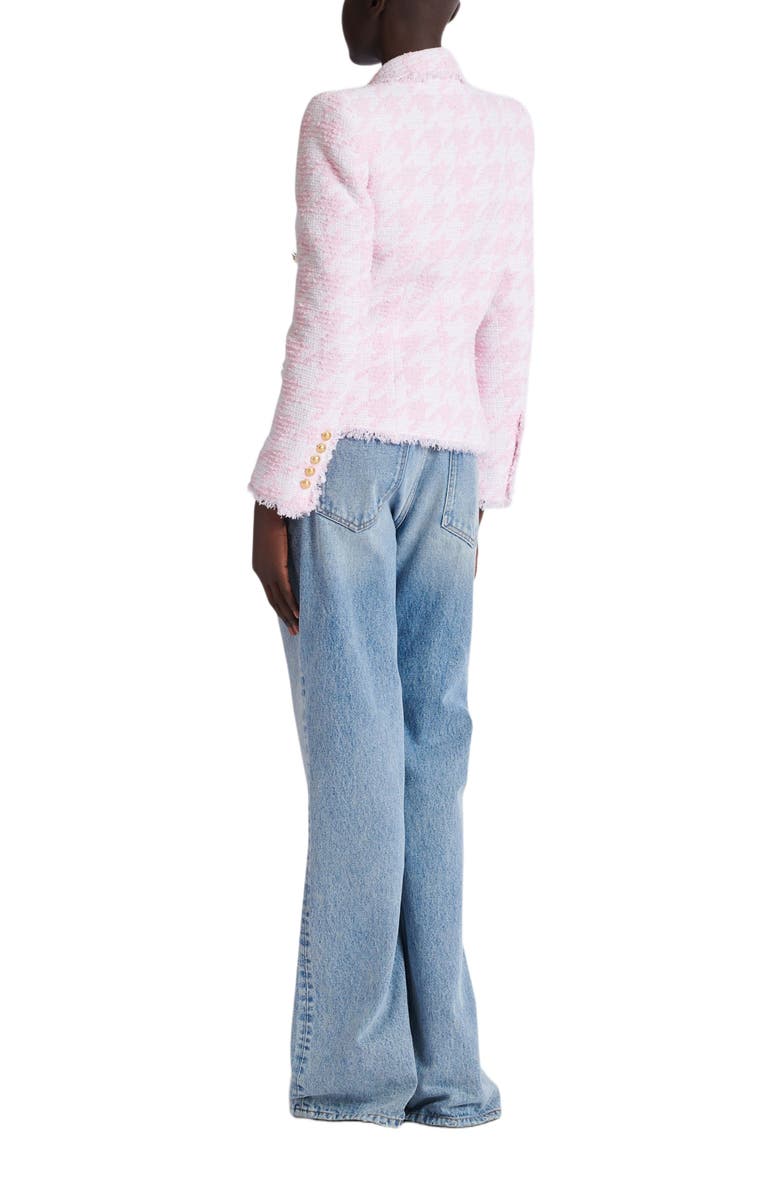 Balmain 6-Button Houndstooth Tweed Fitted Jacket, Alternate, color, Pink