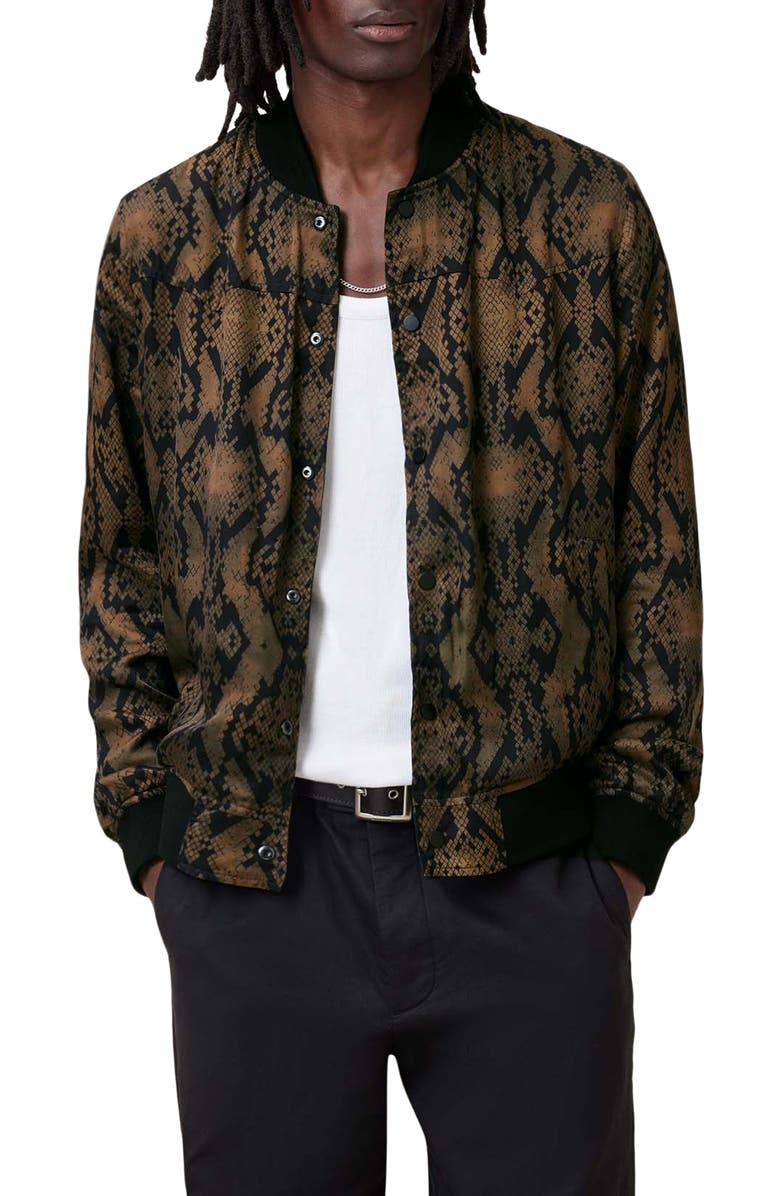 AllSaints Soundview Snakeskin Print Reversible Bomber Jacket, Main, color, 