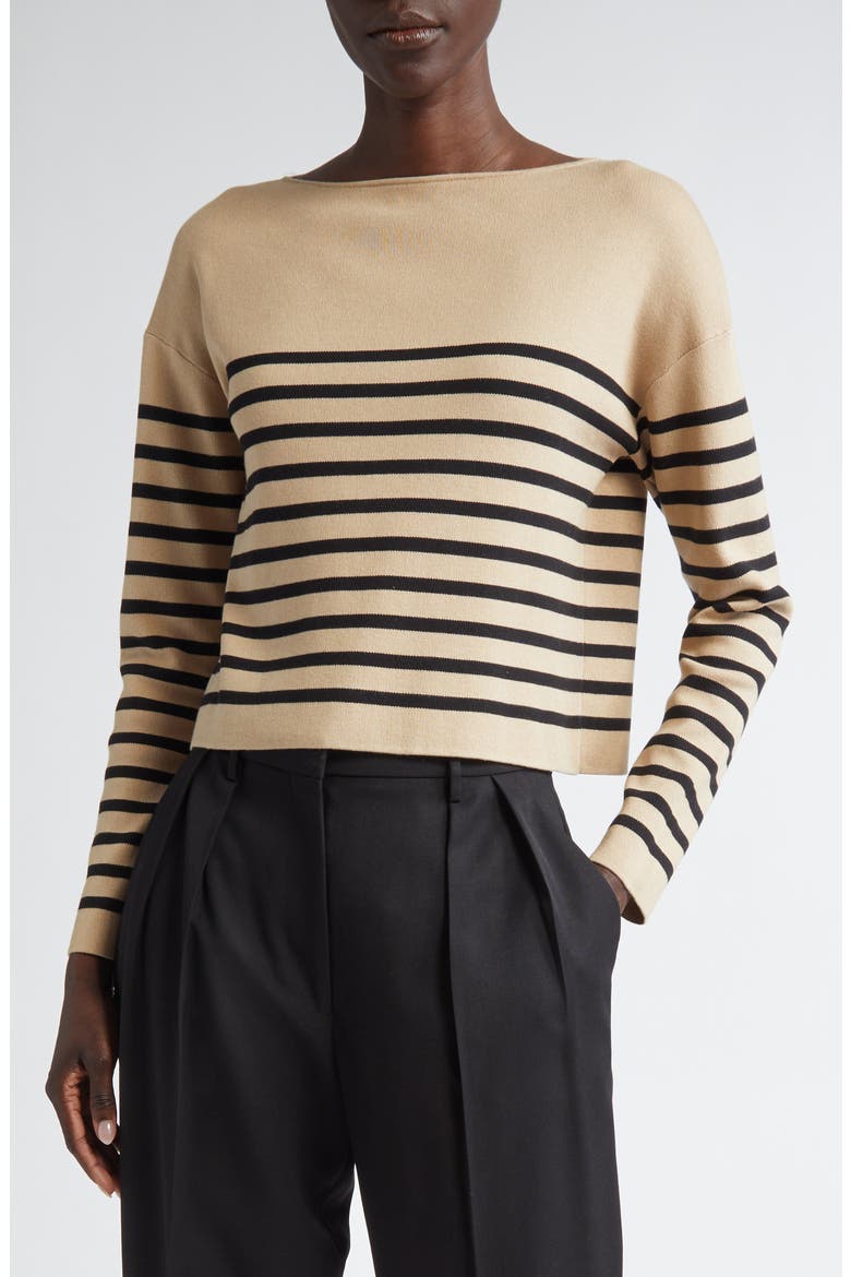 Ronnie Stripe Boatneck Silk & Cotton Sweater, Main, color, HAZELWOOD/ BLACK