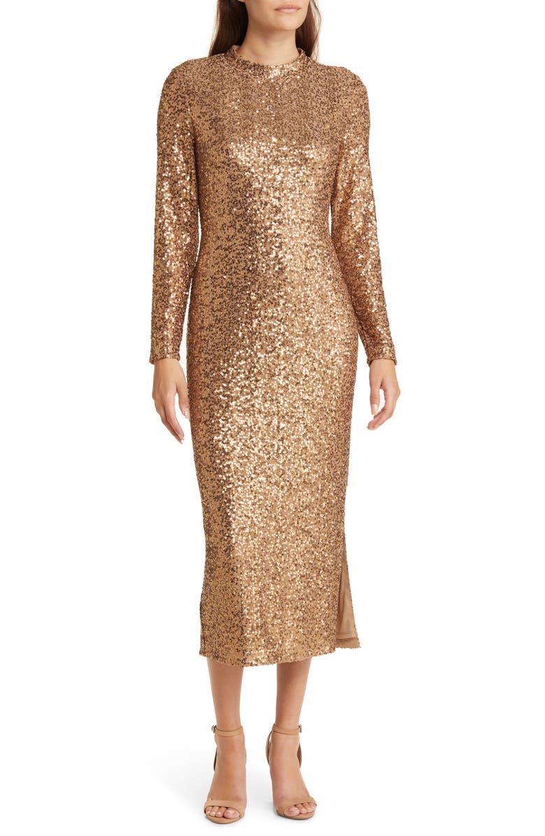 Anne Klein Sequin Mock Neck Long Sleeve Midi Dress, Main, color, 