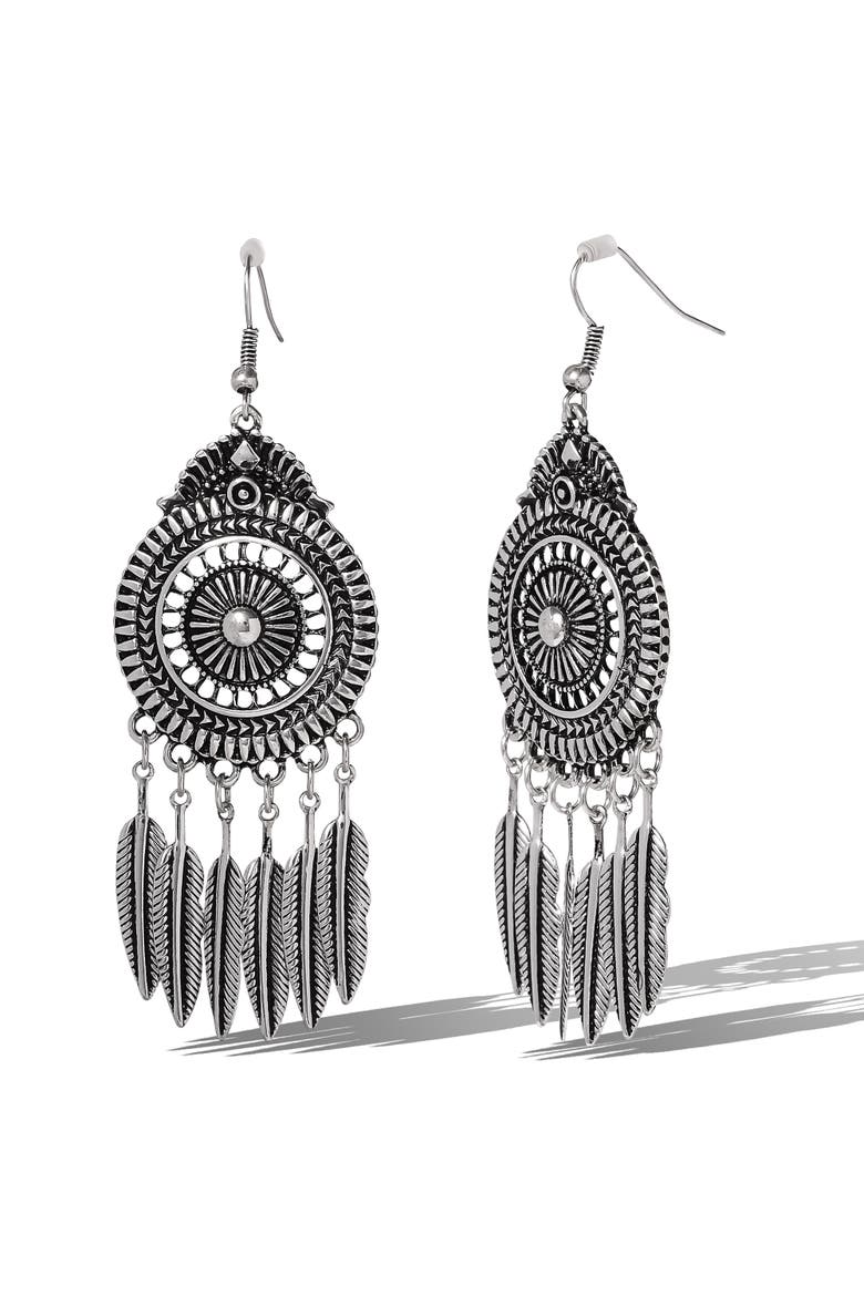 Boho Feather Drop Earrings, Alternate, color, Antique Silver