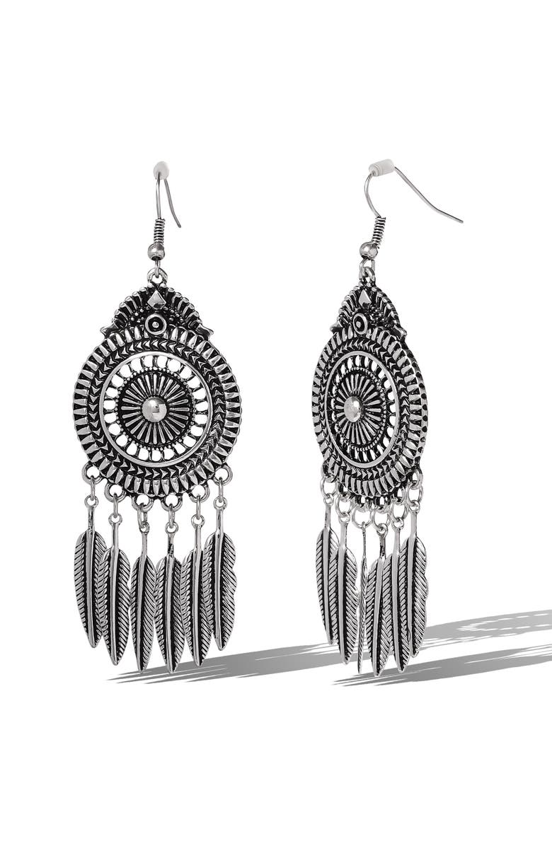 Jessica Simpson Boho Feather Drop Earrings, Alternate, color, Antique Silver