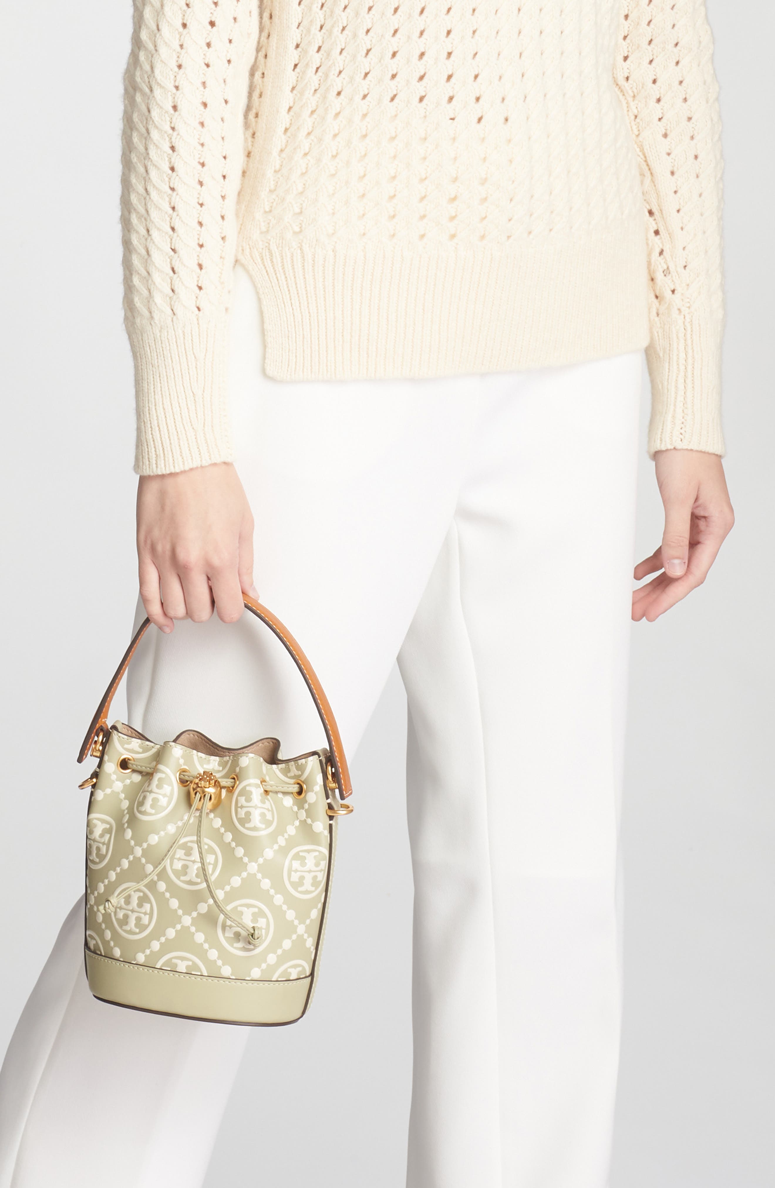 T Monogram Embossed Bucket Bag, Alternate, color, OLIVE SPRING