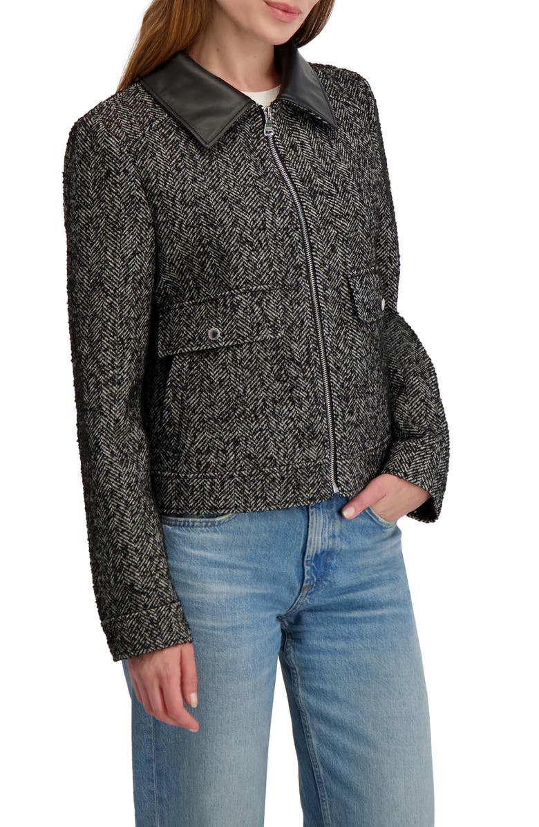 Laundry by Shelli Segal Herringbone Faux Leather Collar Jacket, Alternate, color, Black