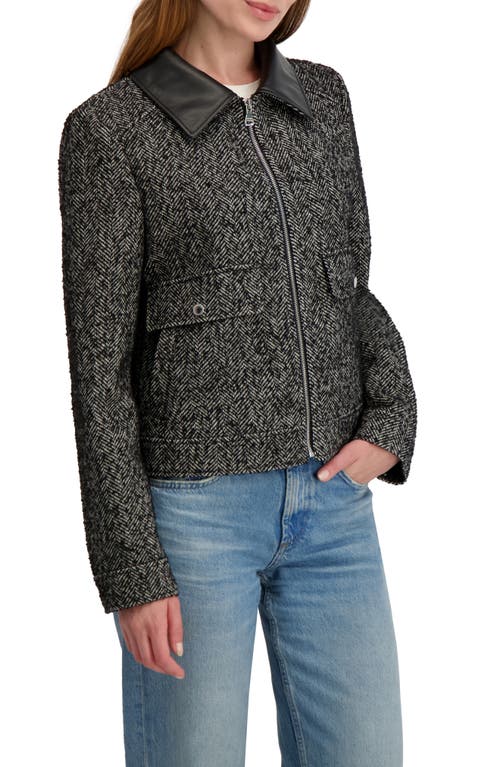 Laundry By Shelli Segal Herringbone Faux Leather Collar Jacket In Black