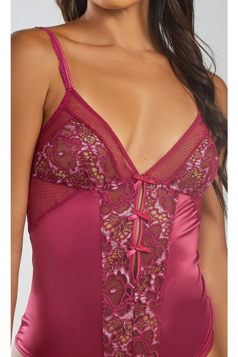 Two-Toned Lace & Satin Bodysuit, Alternate, color, Wine