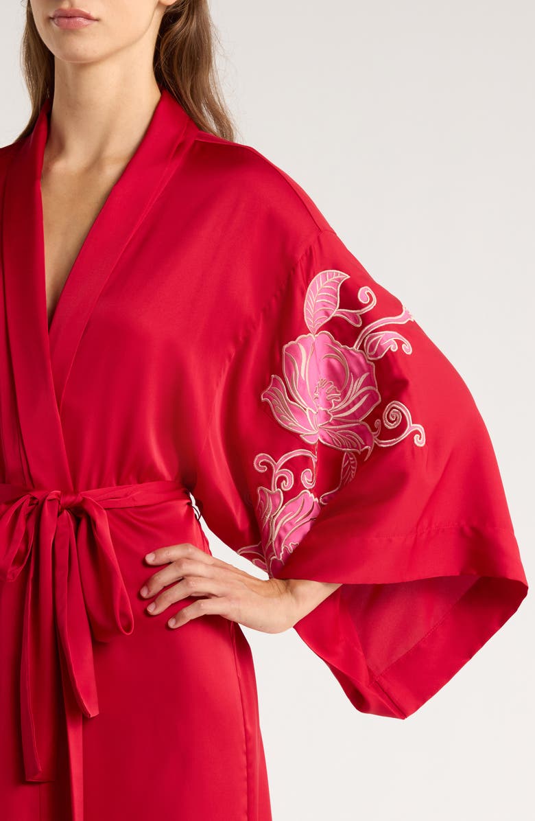 Natori Floral Embroidered Satin Robe, Alternate, color, Red