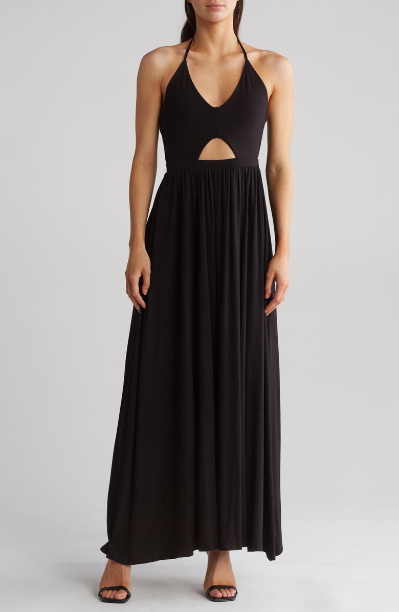 GO COUTURE Halter Neck Keyhole Maxi Dress, Main, color, Black