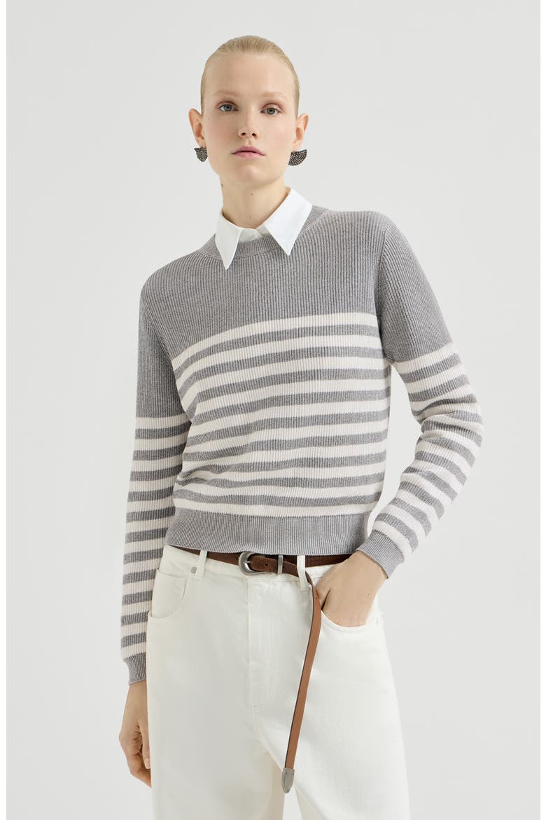 Sparkling cotton striped English rib sweater with monili, Main, color, Silver