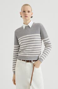 Brunello Cucinelli Sparkling cotton striped English rib sweater with monili