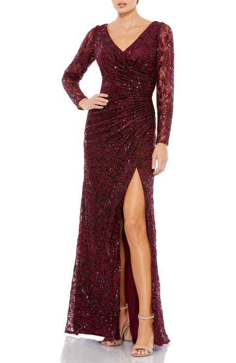 Long Sleeve Ruched Sequined V-Neck Gown