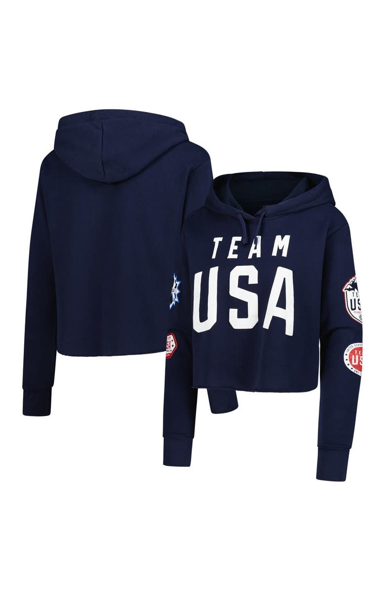 Outerstuff Women's Navy Team USA Flag & Patches Fleece Cropped Pullover Hoodie, Alternate, color,