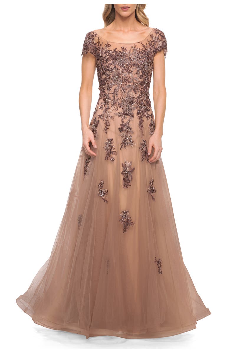 La Femme Gorgeous Beaded and Tulle A-line Gown, Main, color, Cocoa