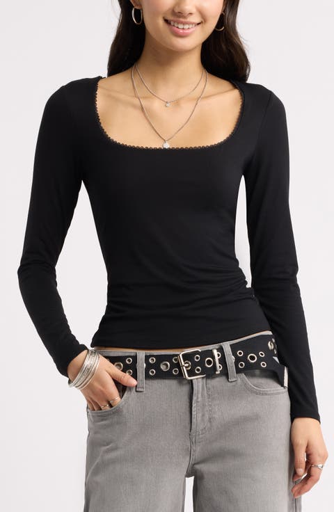 Lace Trim Square Neck Long Sleeve Top