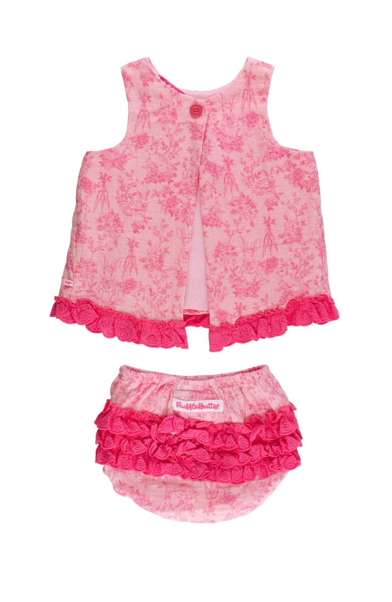 RuffleButts Cotton Gauze Swing Top and Bloomer Set, Alternate, color, Pink Cottontail Toile