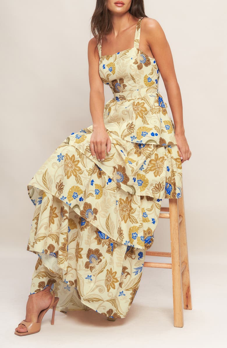 FLYING TOMATO Tiered Ruffle Print Maxi Dress, Alternate, color, Ivory