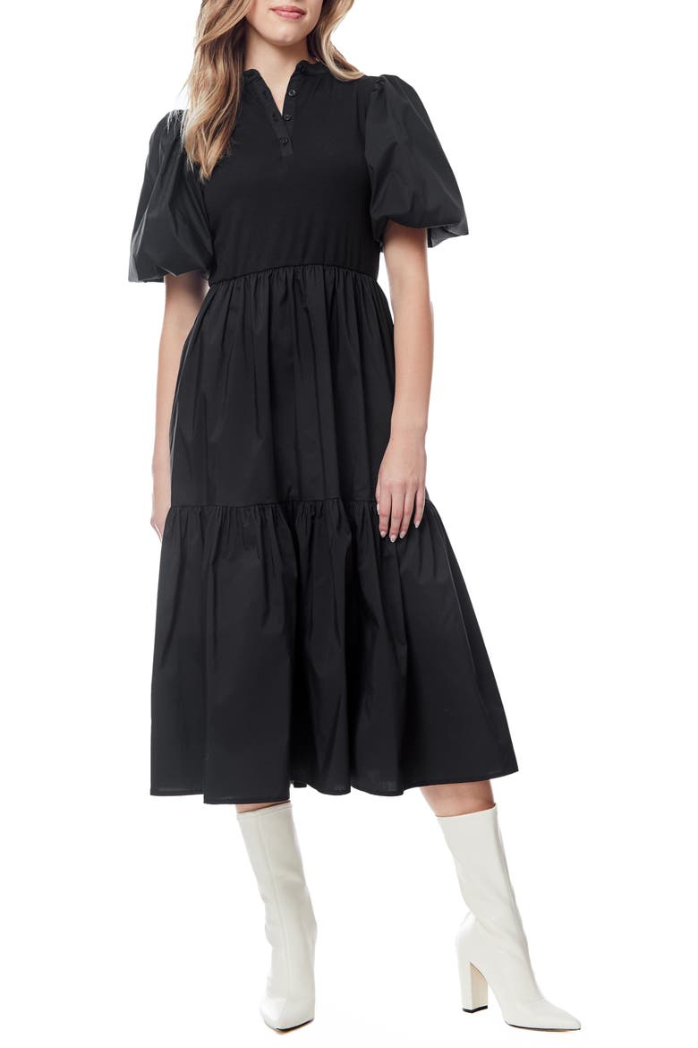 Aries Puff Sleeve Mixed Media Midi Dress, Main, color, BLACK