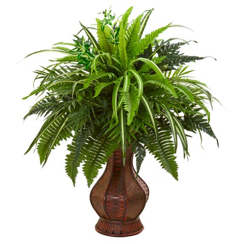 26-in Mixed Greens and Fern Artificial Plant in Decorative Planter