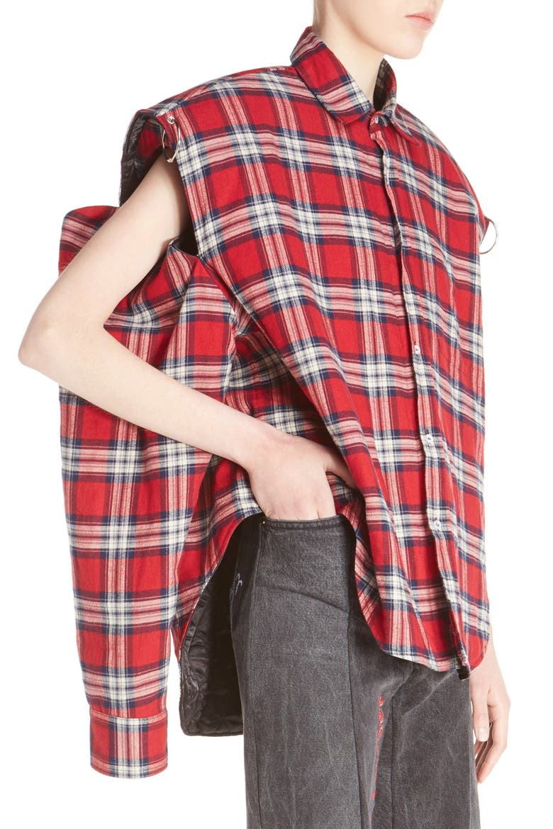 Pierced Plaid Flannel Shirt, Alternate, color, RED CHECK