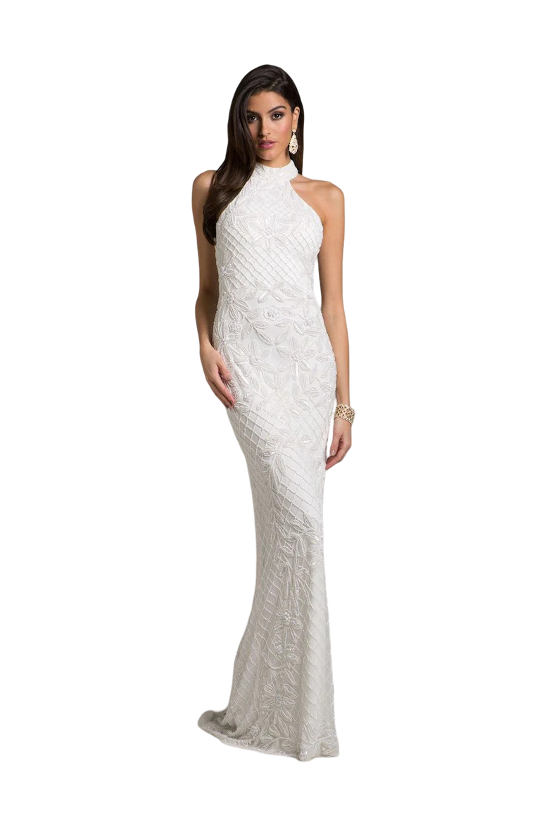 Lattice-Beaded Halter Neck Sheath Wedding Gown, Alternate, color, Ivory