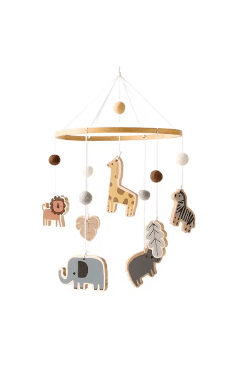 embé Baby Nursery Wooden Hanging Toy Crib Mobile, Rattan Shapes, Main, color, Animal Safari
