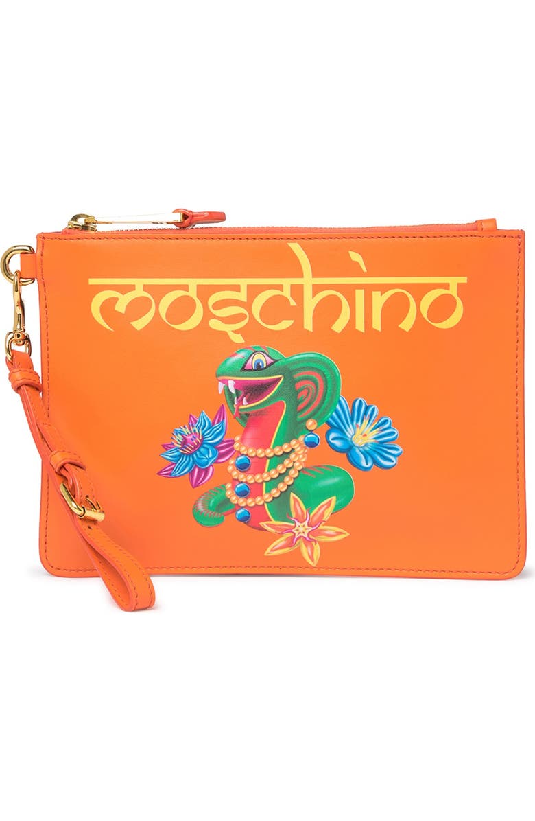 Moschino Cartoon Snake Leather Clutch, Main, color,