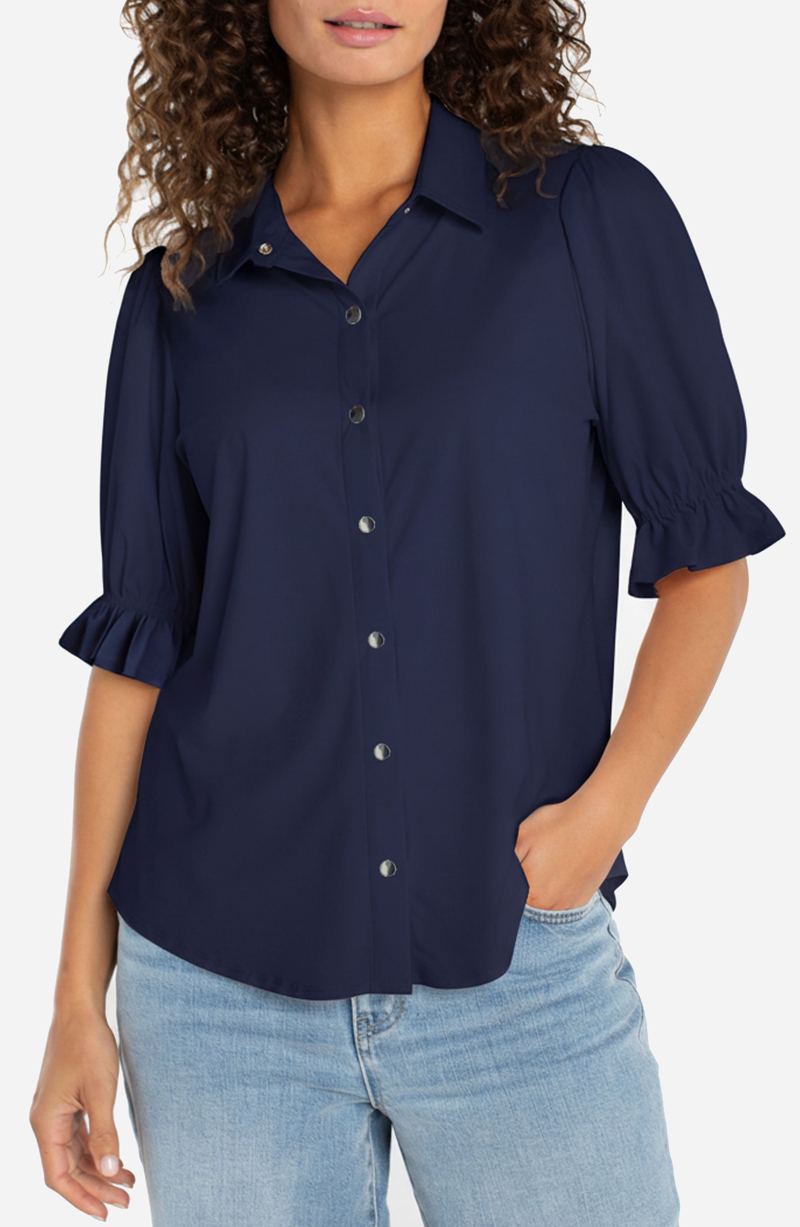 Puff Sleeve Knit Snap-Up Shirt - image 5