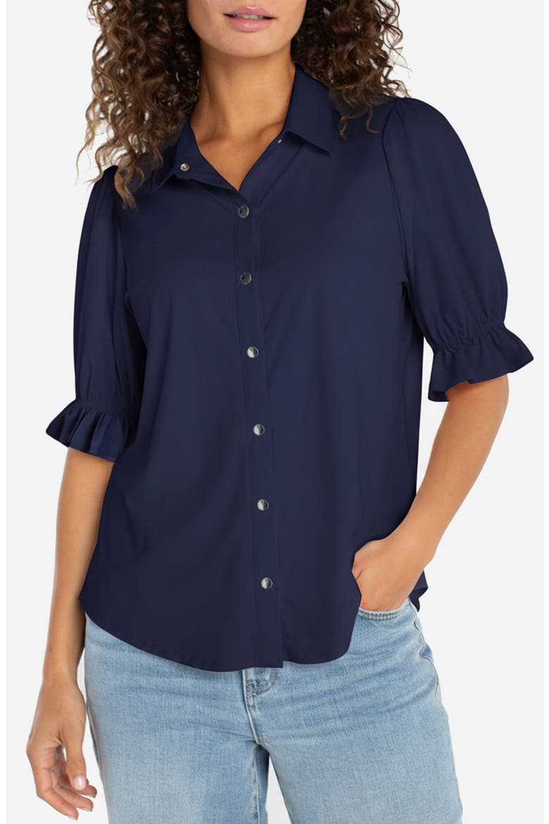 Puff Sleeve Knit Snap-Up Shirt, Main, color, NAVY INK