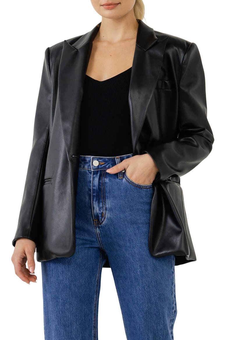 Oversize Faux Leather Blazer, Main, color, BLACK