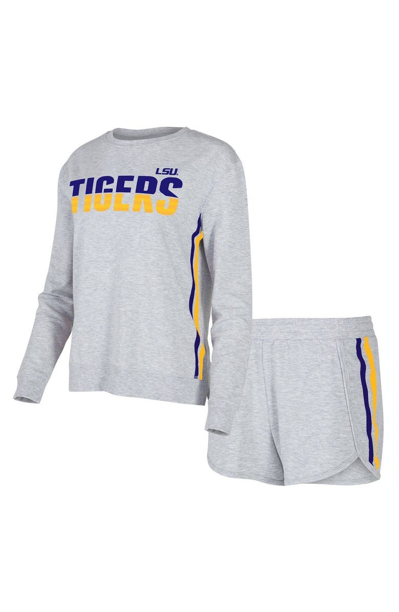 CONCEPTS SPORT Women's Concepts Sport Gray LSU Tigers Cedar Tri-Blend Long Sleeve T-Shirt & Shorts Sleep Set, Main, color, 