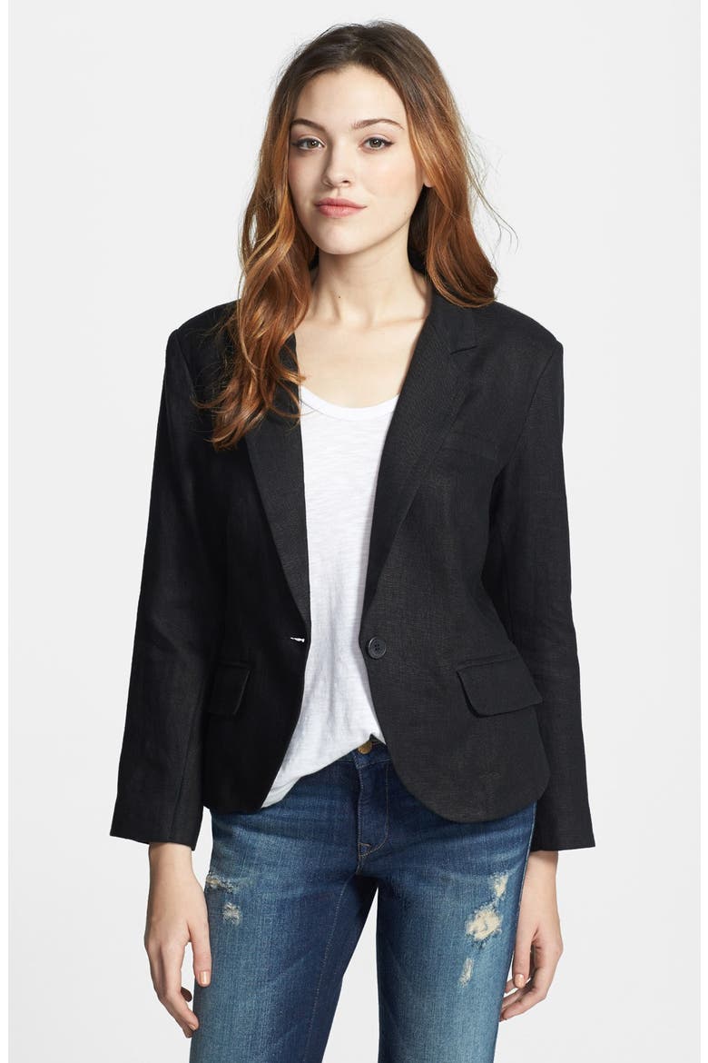 Three Quarter Sleeve Linen Blazer, Main, color, BLACK
