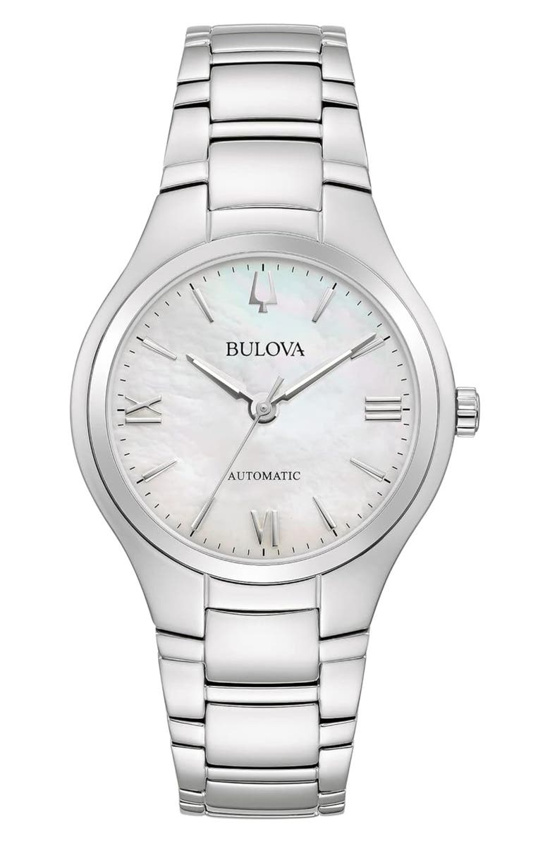 BULOVA Classic Mother-of-Pearl Dial Automatic Bracelet Watch, 34mm, Main, color, Silver