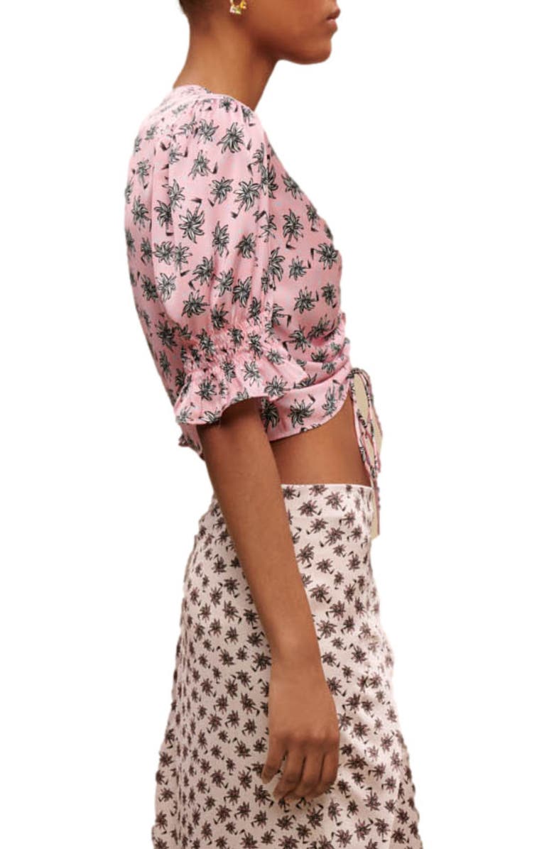 maje Lalita Ruched Tie Crop Top, Alternate, color, Imprime Palmier Rose
