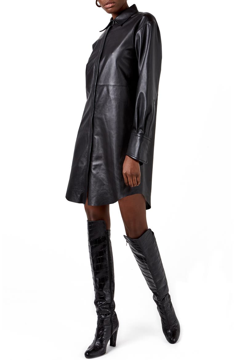 Bonsoir Recycled Leather Shirtdress, Alternate, color, BLACK