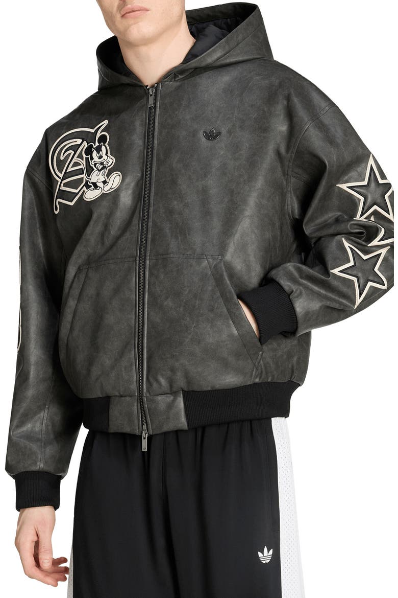 Disney Faux Leather Hooded Jacket, Main, color, BLACK