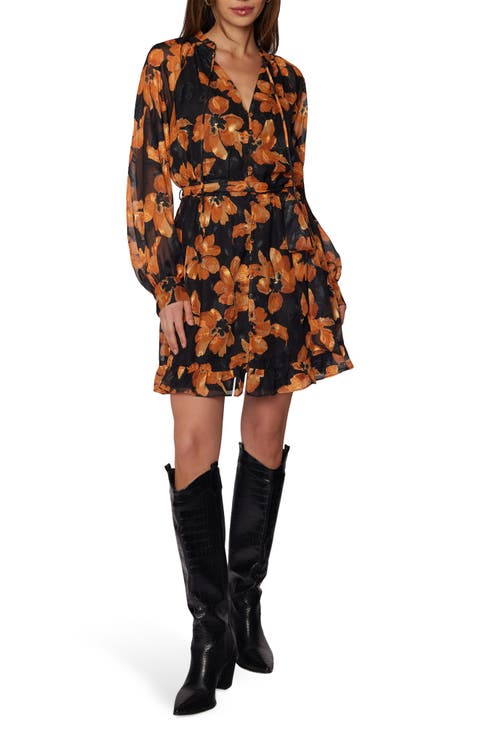 Golden Rendezvous Floral Print Long Sleeve Minidress