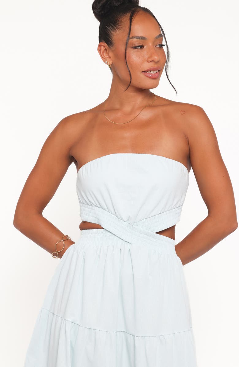 Petal & Pup Cadence Cutout Strapless Tiered Cotton Maxi Dress, Alternate, color, Blue