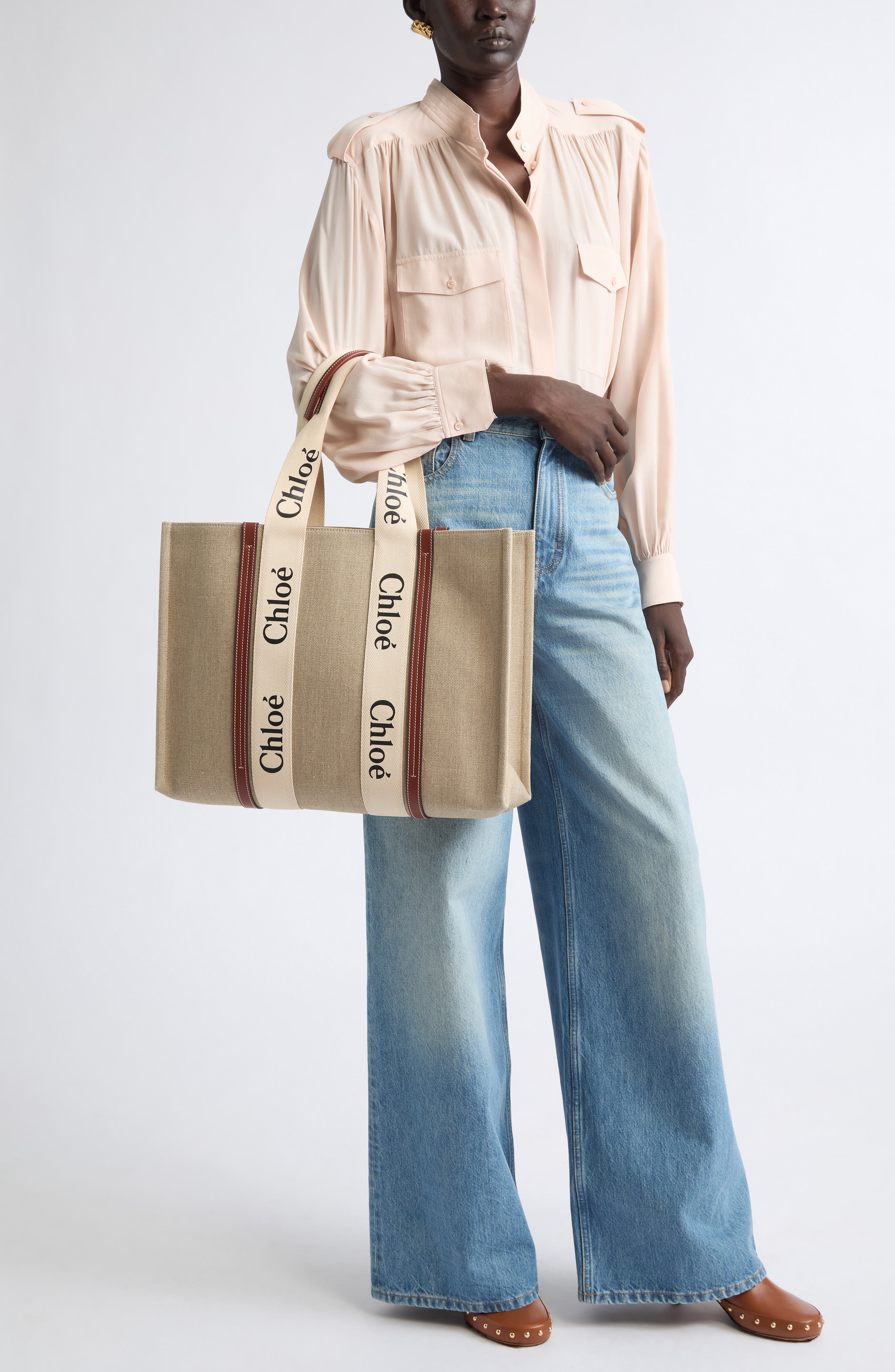 Large Woody Linen Tote, Alternate, color, WHITE - BROWN 1