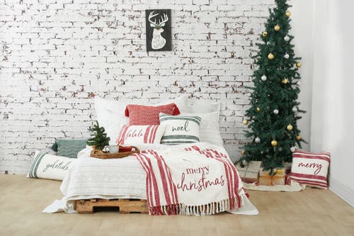 Carol & Frank Morgan Christmas Holiday Striped Decorative Lumbar Pillow Collection In White