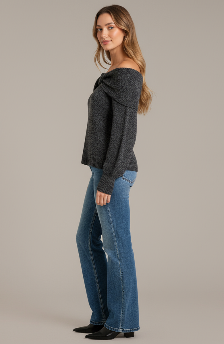 Modenaire Off-Shoulder Sweater with Twisted Neckline and Balloon Sleeves, Alternate, color, 