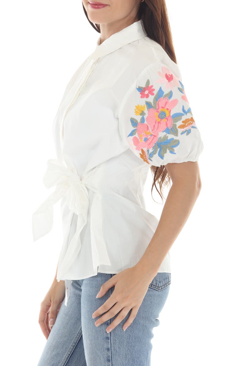 Embroidered Puff Sleeve Tie Waist Top, Alternate, color, WHITE
