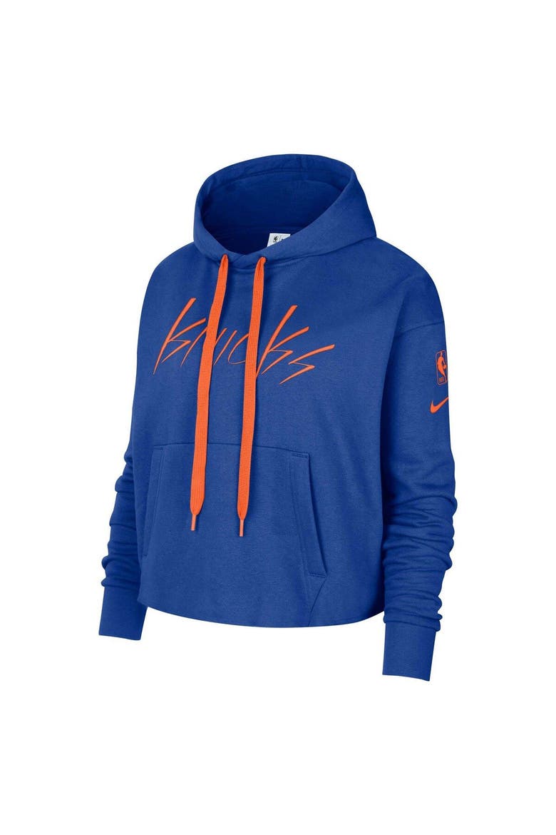 Women's Nike Blue New York Knicks Split Flip Courtside Cropped Pullover Hoodie, Alternate, color, Blue