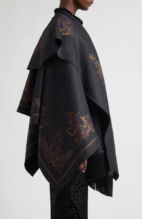Etro Paisley Cape With Attached Scarf Detail In Black