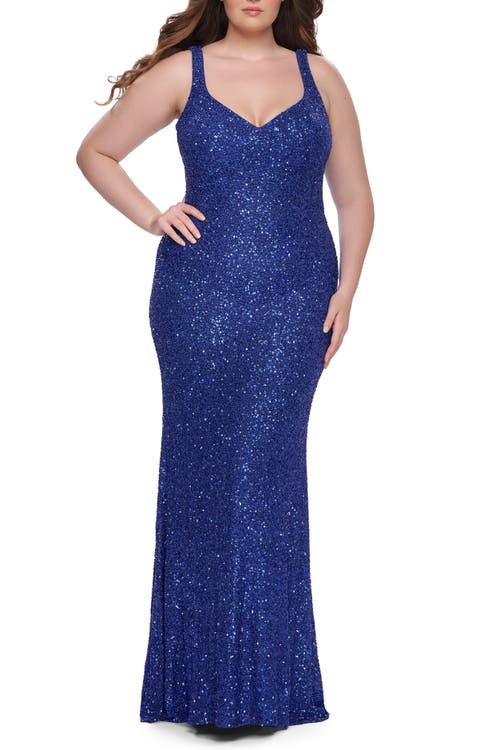La Femme Fitted Stretch Sequin Plus Size Dress With V-neck