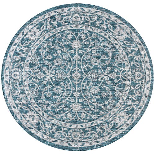 Jonathan Y Palazzo Vine And Border Textured Weave Indoor/outdoor Round Area Rug In Teal/gray
