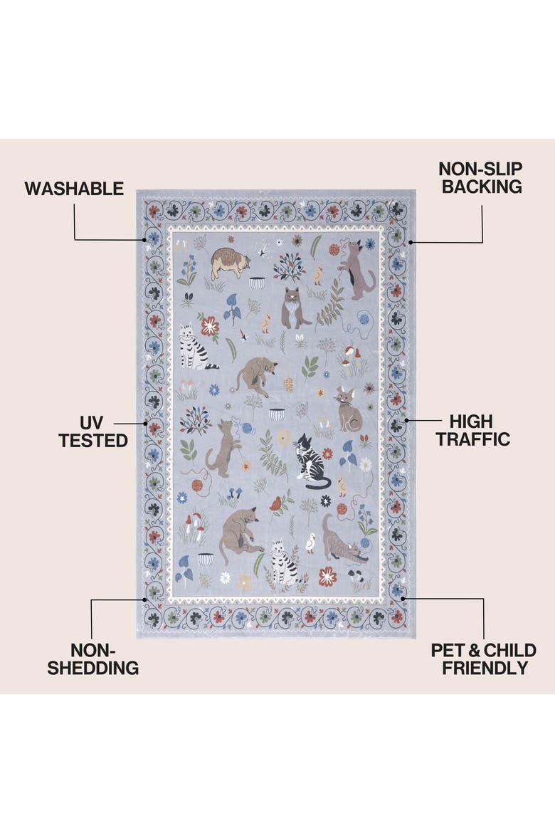 Catmosphere Festive Feline Floral Border Non-Slip Machine-Washable Rug, Alternate, color, Gray