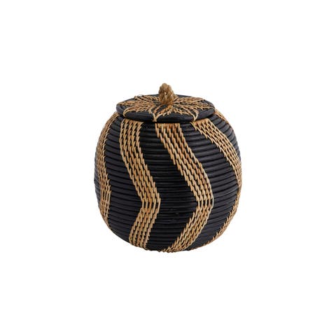 Decorative Handwoven Rattan Storage Basket Storage with Lid, Natural and Black