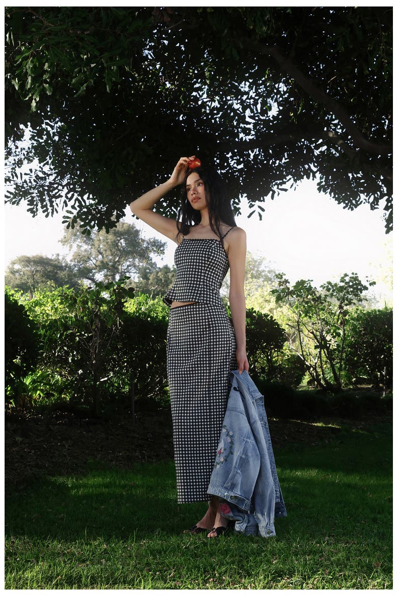 Gingham Cotton & Linen Blend Maxi Skirt, Alternate, color, BLACK/ CREAM GINGHAM