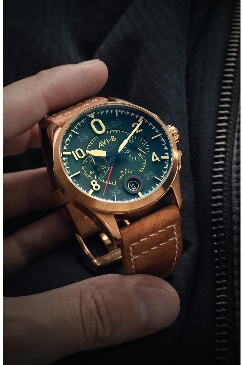 Spitfire Lock Green Dial Chronograph Leather Strap Watch, 42mm, Alternate, color, GREEN